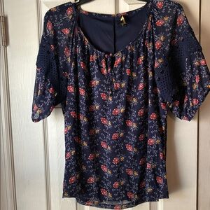 Adrienne Vittadini Navy Floral Crochet-Sleeve Peasant Top large